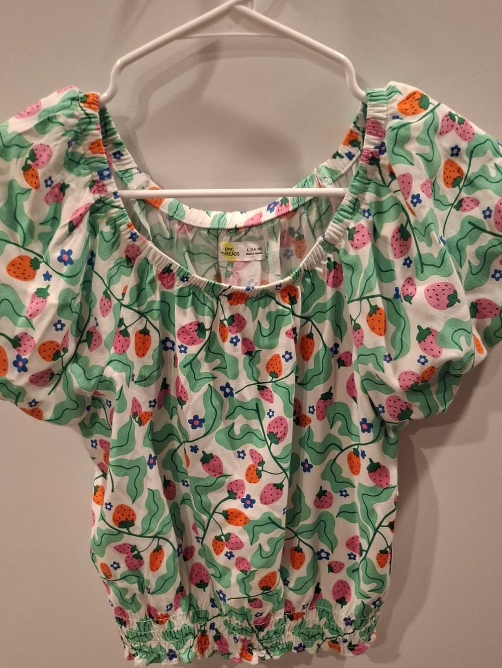 Epic Threads Green Strawberry Print Peasant Top with Pink & Orange Accents